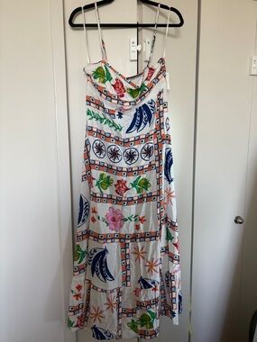 White Floral & Geometric Maxi Sundress with Navy and Coral Accents